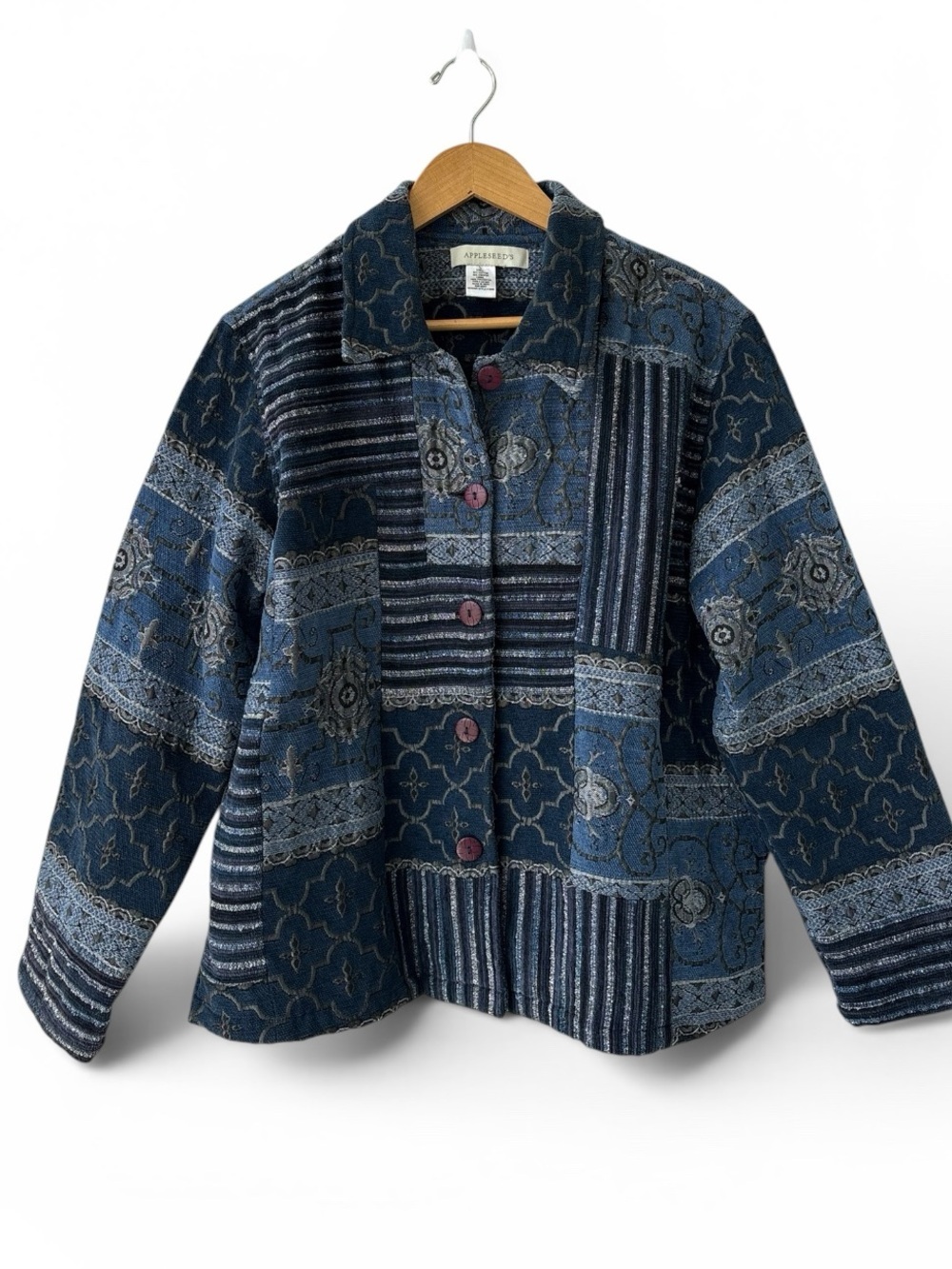 Appleseed’s Women’s Blue Tapestry Patchwork Jacquard Button Front Jacket LARGE